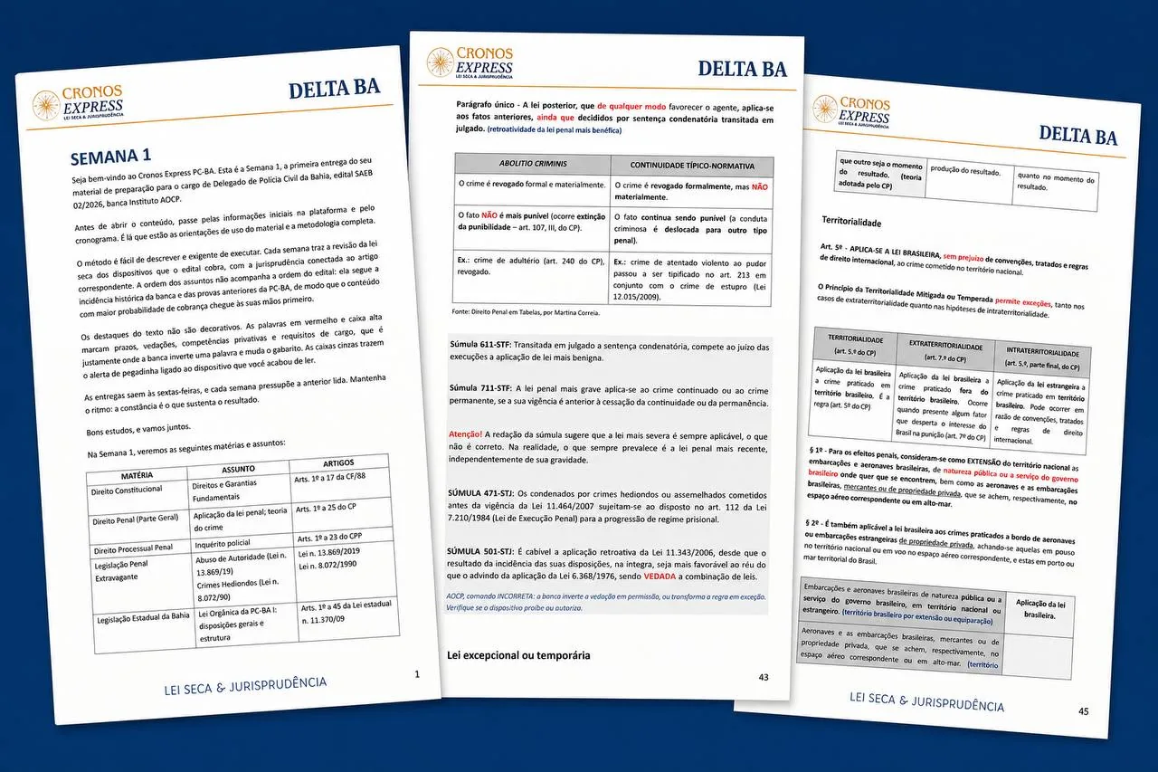 Mockup do Cronos Express com três folhas de revisão de legislação e jurisprudência sobre fundo azul
