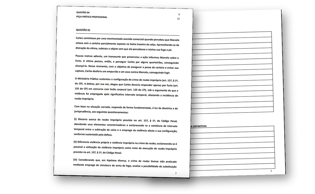Mockup do Curso de 2ª Fase composto com a questão e a folha de resposta reais